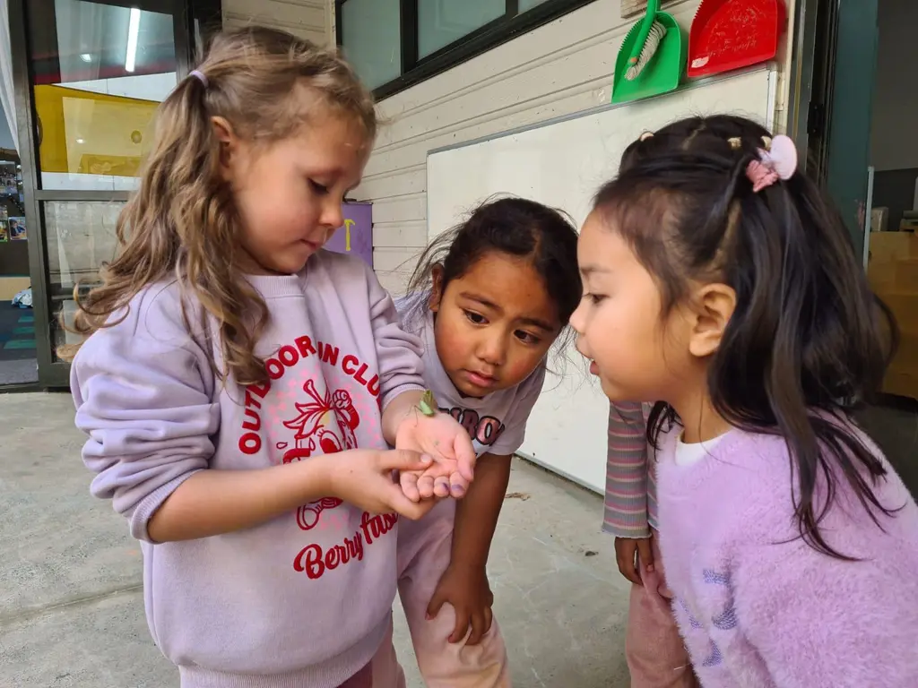 Children watching with curiosity as a praying mantis rests on an open hand.
