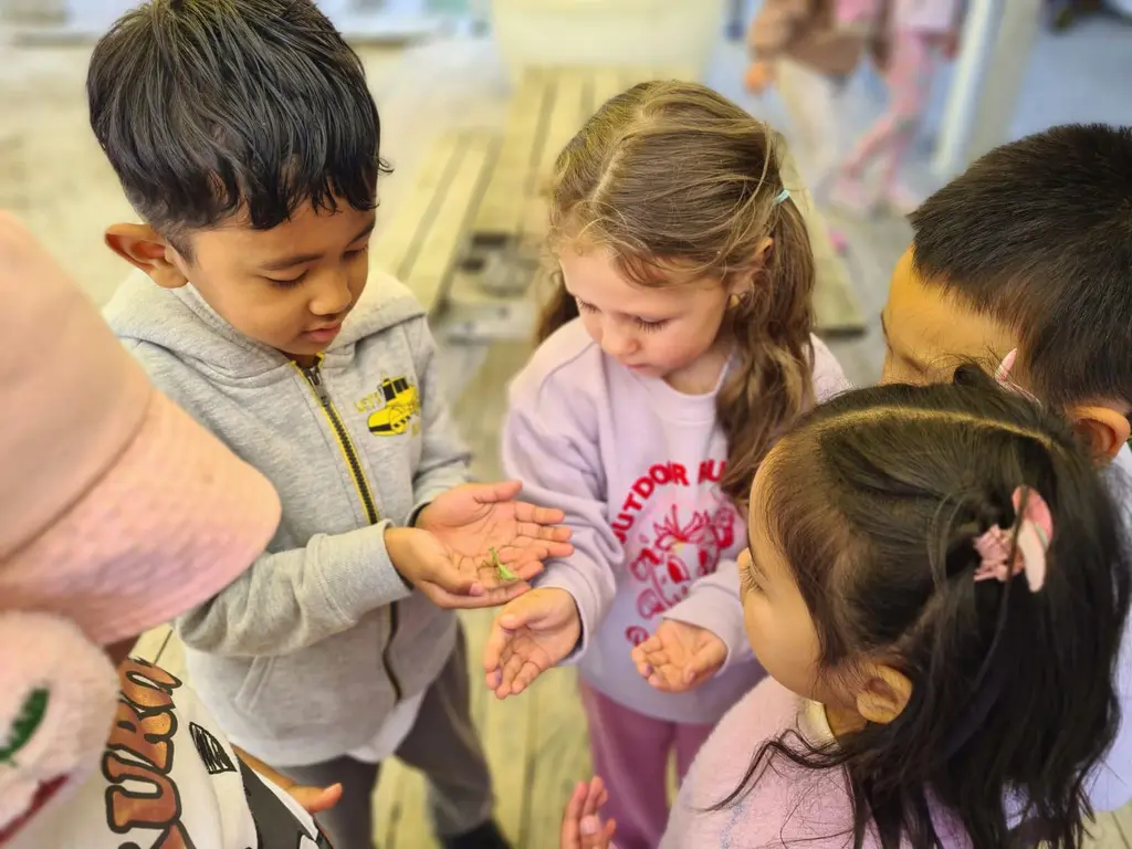 Children standing in a circle and sharing the experience of observing a praying mantis.